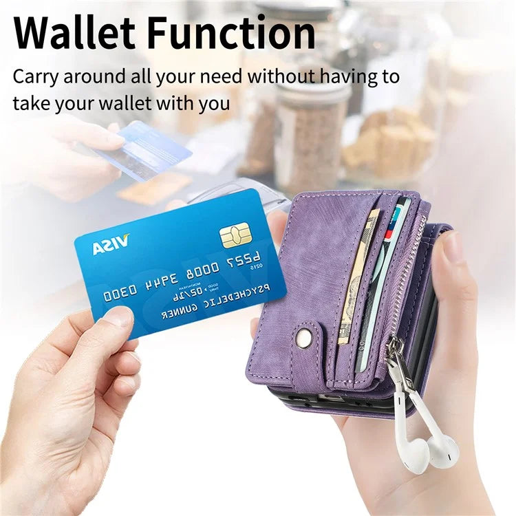 For Samsung Galaxy Z Flip6 5G Case Kickstand Retro Leather Phone Cover Zipper Card Holder