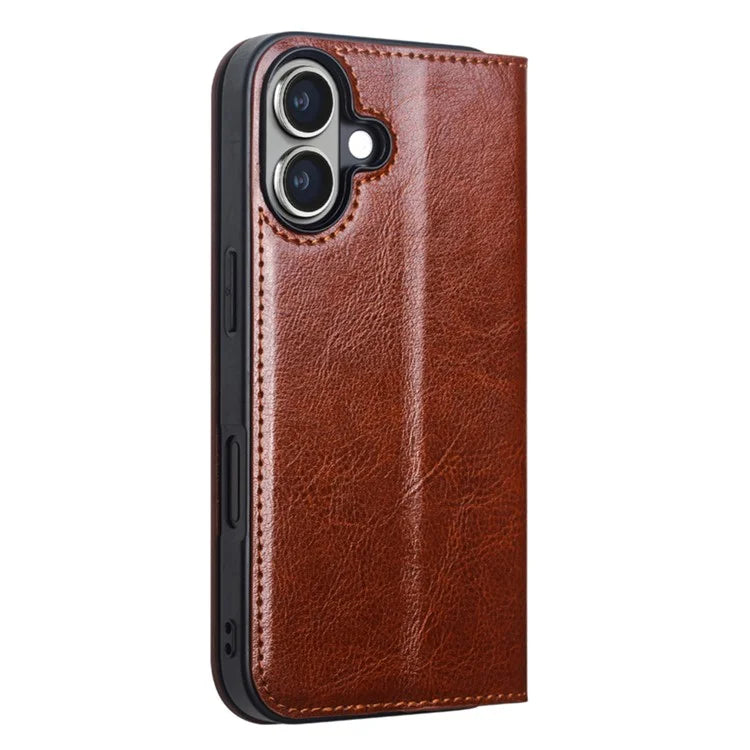 QIALINO For iPhone 16 Plus Case Card Holder Genuine Cow Leather Stand Phone Cover