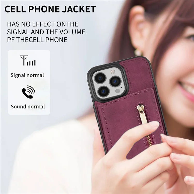 For iPhone 16 Pro Max Case Zipper Wallet Kickstand PU+TPU Phone Cover