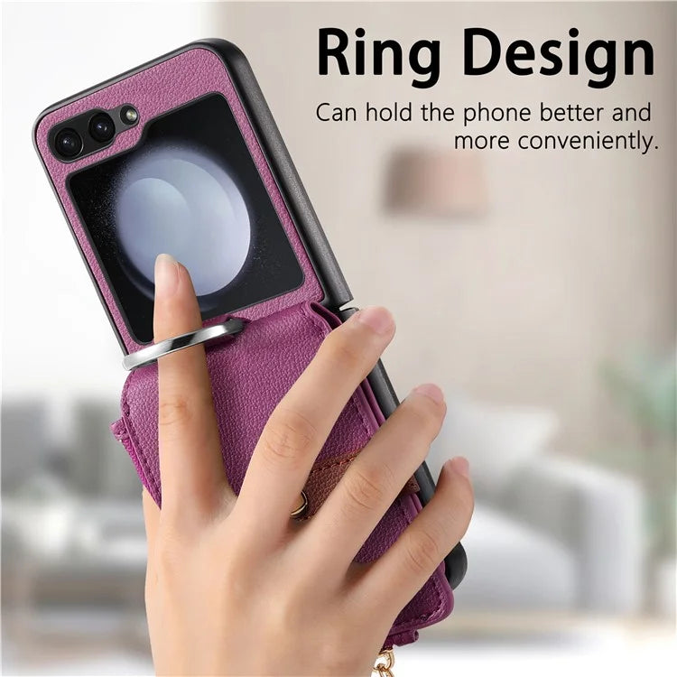For Samsung Galaxy Z Flip6 5G Case Zipper Pocket Leather+PC Phone Cover with Ring Holder
