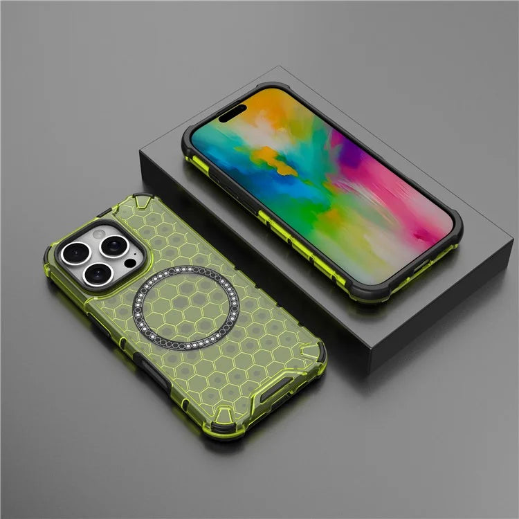 For iPhone 16 Pro Magnetic Case Reinforced Corner Honeycomb TPU+PC Phone Cover