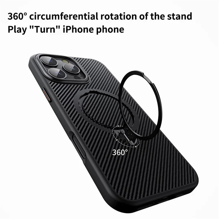 For iPhone 16 Pro Max Magnetic Case Carbon Fiber Texture PC+TPU Phone Cover Rotatable Kickstand