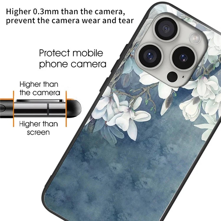 For iPhone 16 Pro Cases Pattern Printed Anti-Drop Tempered Glass+TPU Phone Cover
