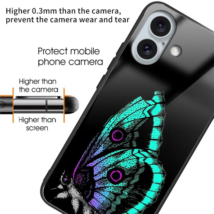 For iPhone 16 Cases Pattern Printed Tempered Glass+TPU Drop-Proof Phone Cover
