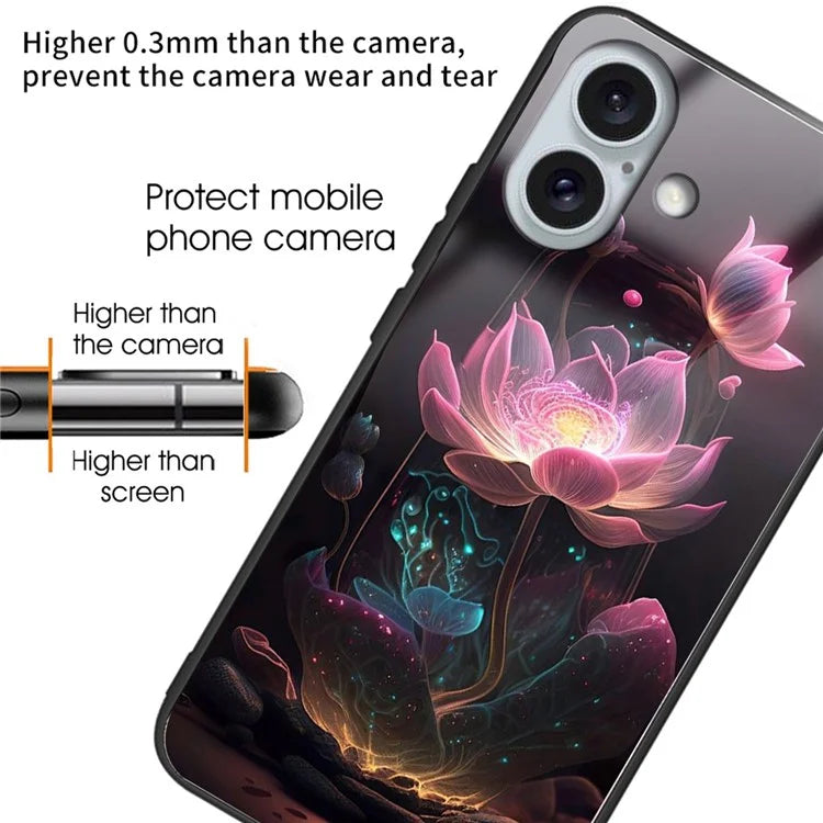For iPhone 16 Case Lightweight Tempered Glass Back TPU Phone Cover Pattern Printed