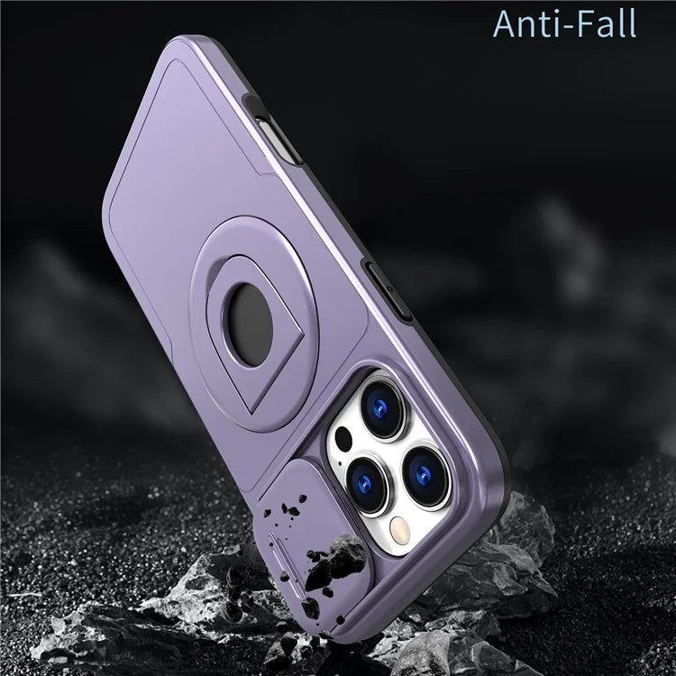 For iPhone 16 Pro Max Magnetic Case Kickstand Slide Lens Cover TPU+PC Phone Shell