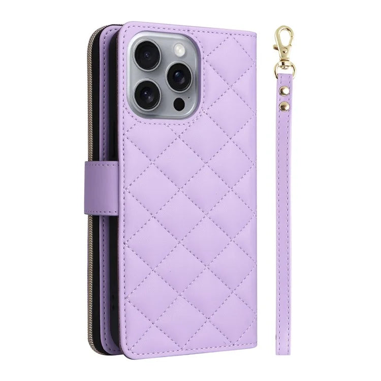 For iPhone 16 Pro Max Case Zipper Wallet Rhombus Crossbody Leather Phone Bag