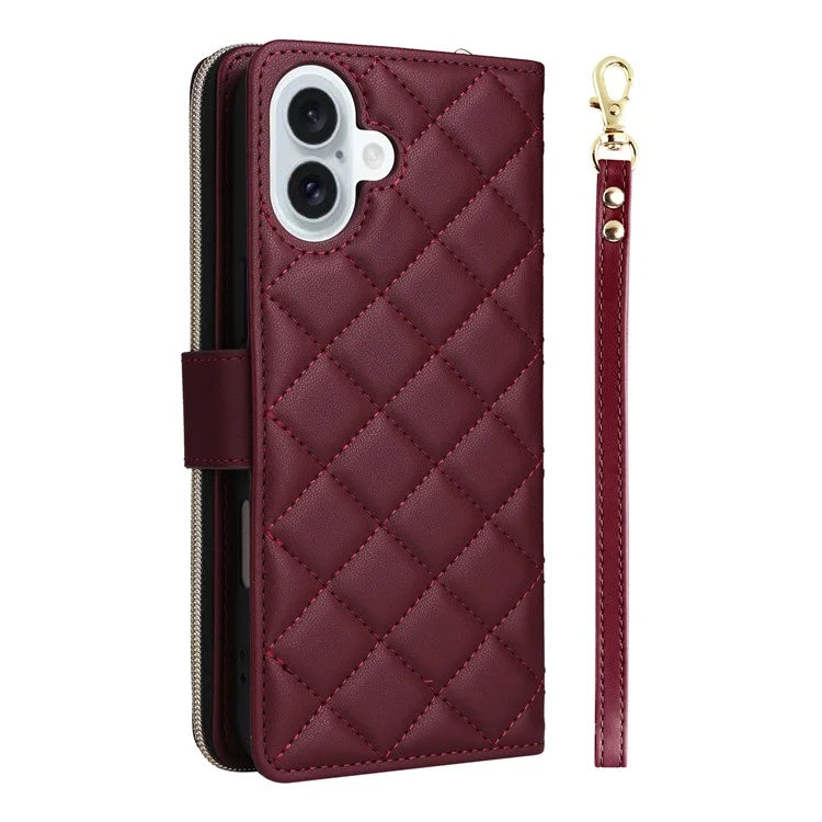 For iPhone 16 Leather Case Zipper Wallet Phone Bag with Shoulder Strap and Hand Strap