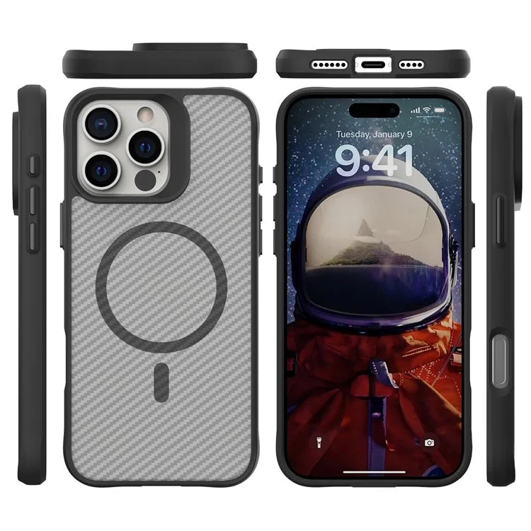 For iPhone 16 Pro Case Carbon Fiber Texture TPU+PC Magnetic Phone Cover - Black