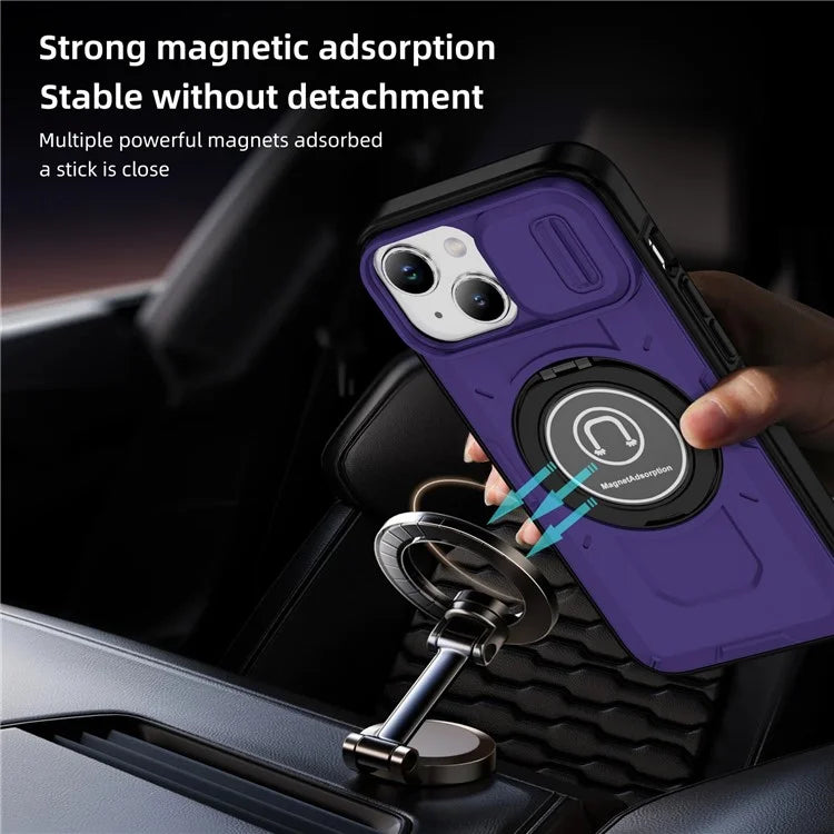 For iPhone 15 Case Slide Lens Protection Ring Kickstand TPU+PC Phone Cover