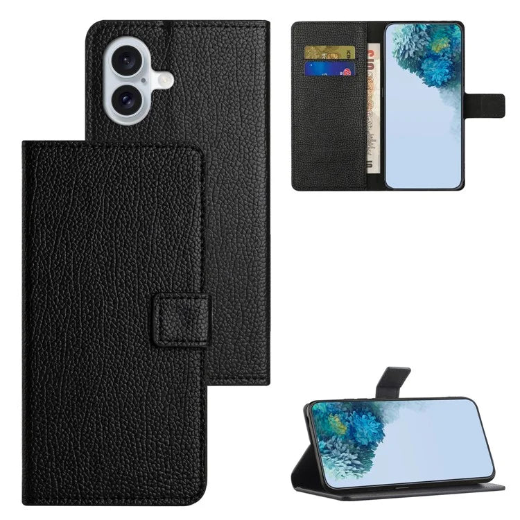 For iPhone 16 Plus Case Litchi Texture PU Leather Wallet Folio Flip Phone Cover, Black