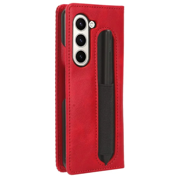 For Samsung Galaxy Z Fold6 5G Case with Pencil Holder Retro PU Leather Phone Cover