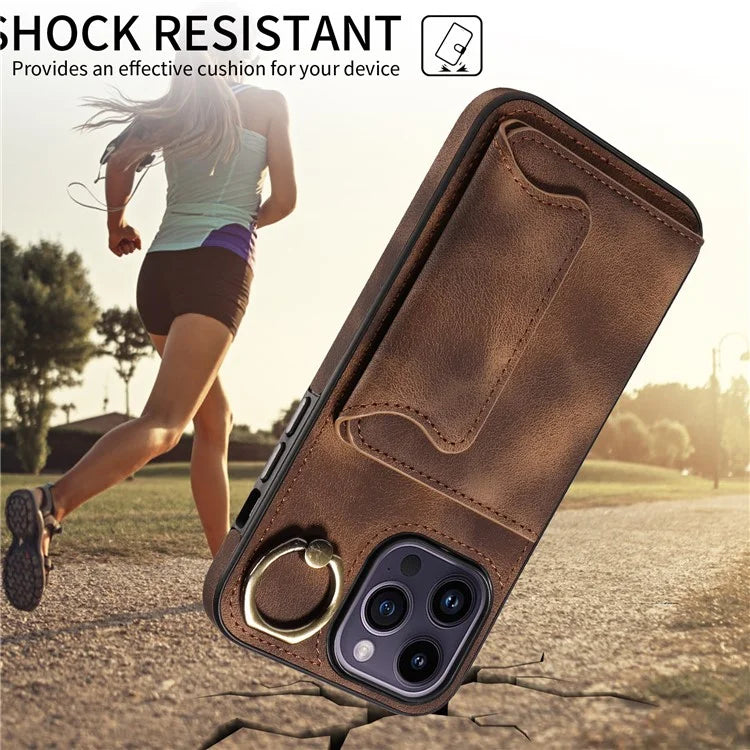 001 For iPhone 14 Pro Max Case Card Holder Skin-Touch Leather Back Cover Anti-Drop Ring