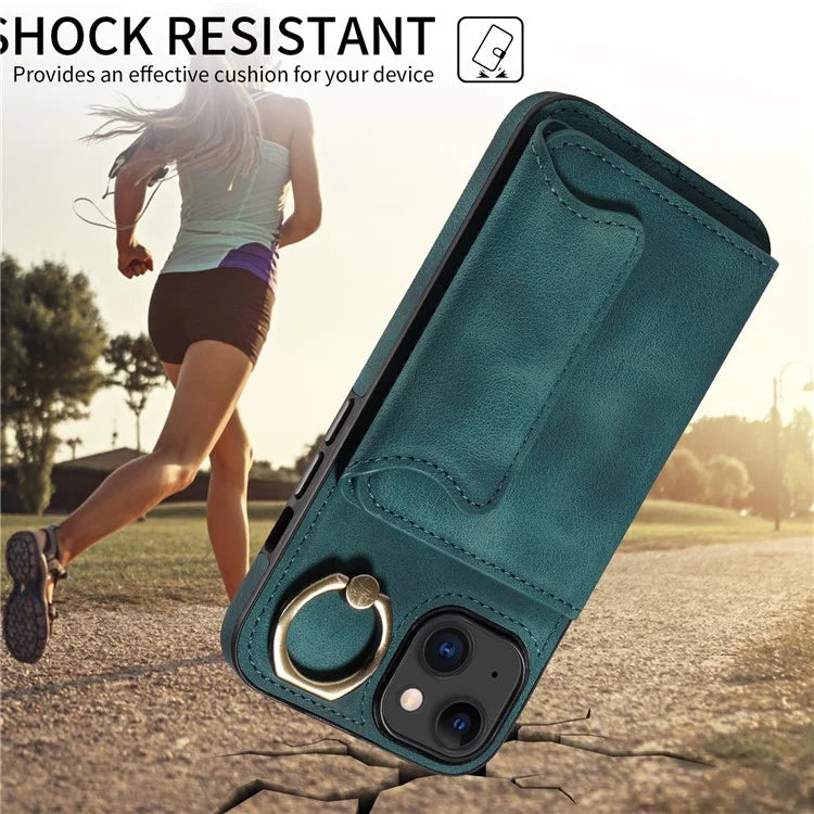 001 For iPhone 15 Case with Card Holder Ring PU Leather Coated TPU Phone Cover Skin-Touch