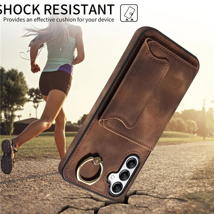 001 For Samsung Galaxy A14 4G / 5G Case Ring Holder Card Slots Anit-Fall Leather Back Cover