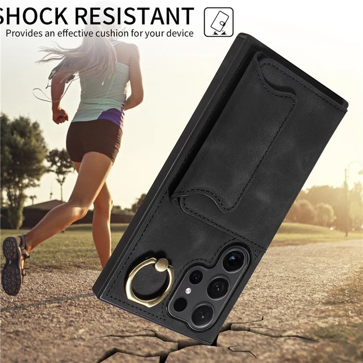 001 For Samsung Galaxy S24 Ultra Case Ring Holder Leather + TPU Anit-Fall Phone Cover