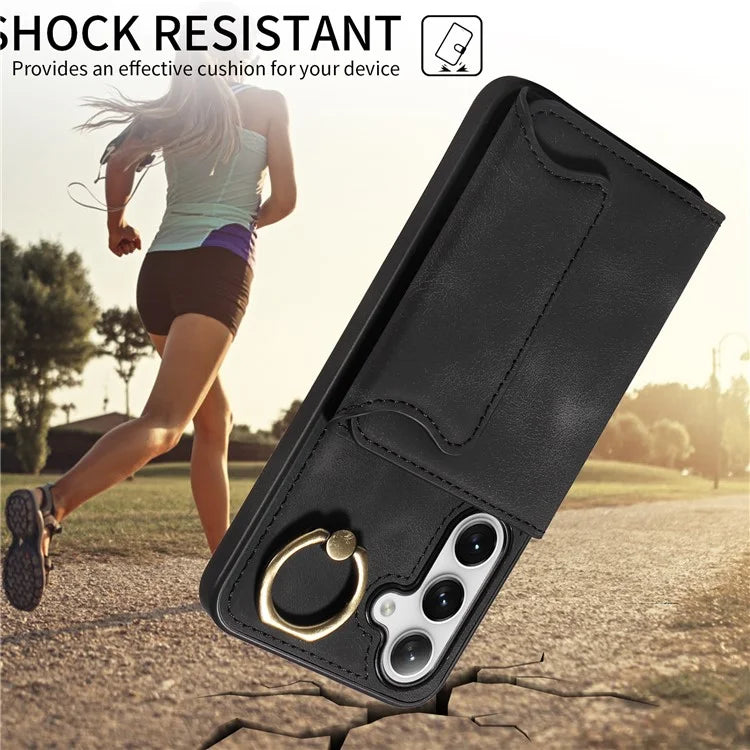 001 For Samsung Galaxy S24+ Case Card Slots Leather + TPU Phone Cover Rotation Ring Kickstand