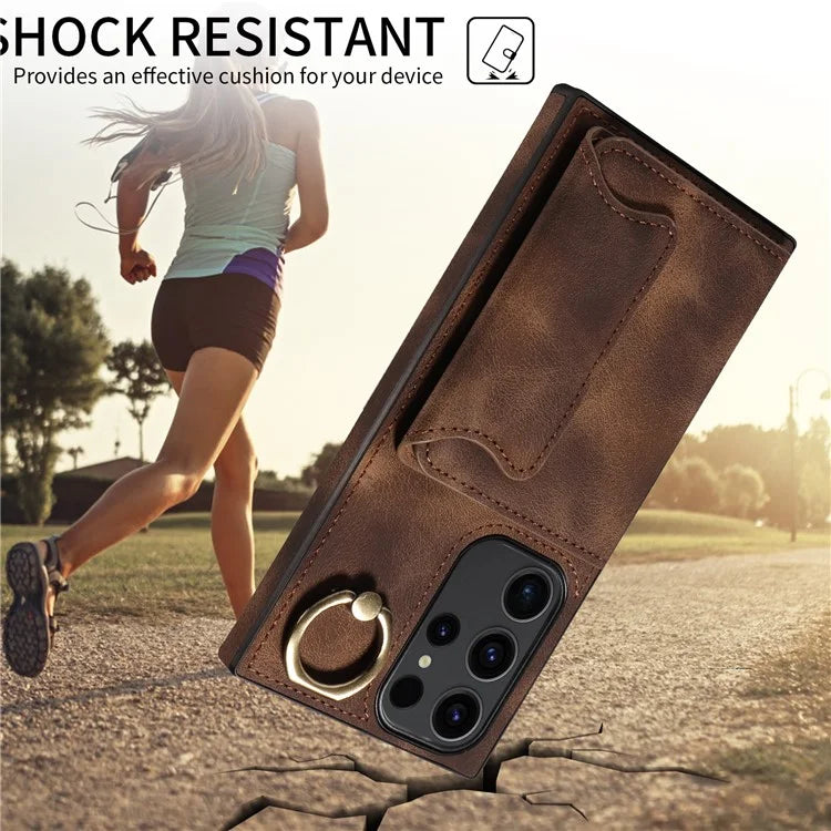 001 For Samsung Galaxy S23 Ultra Case Card Slots PU Leather Back Cover Finger Ring Holder