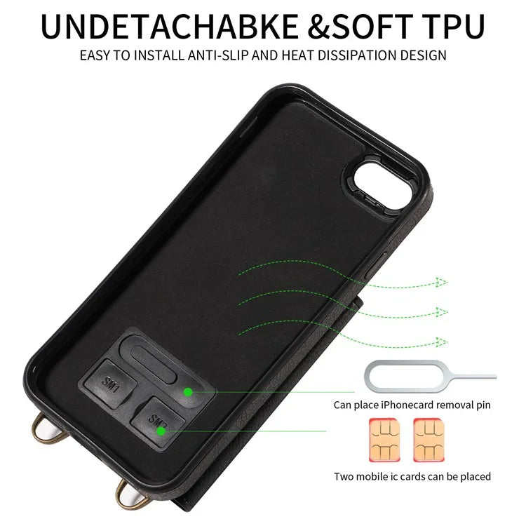 002 For iPhone SE (2022) / SE (2020) / iPhone 8 / 7 / 6s / 6 Case Leather TPU Crossbody Phone Cover Card Holder