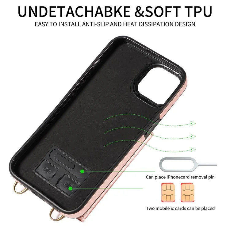 002 For iPhone 14 Case with Crossbody Shoulder Strap Leather Card Holder Back Phone Cover