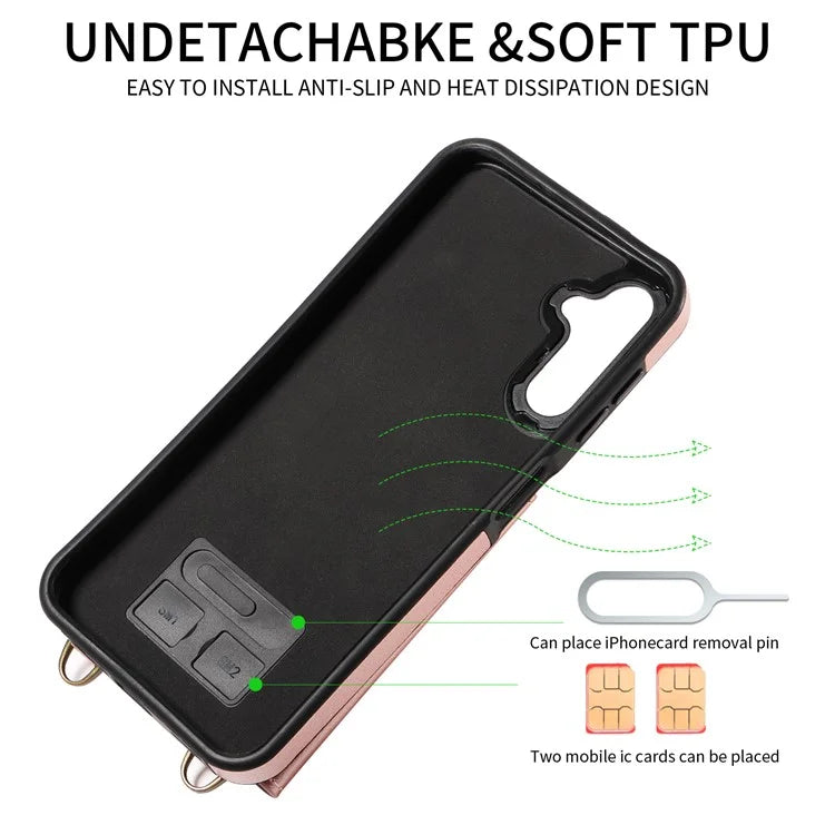 002 For Samsung Galaxy A14 4G / 5G Case Leather Anti-Drop Kickstand Back Cover Crossbody Strap