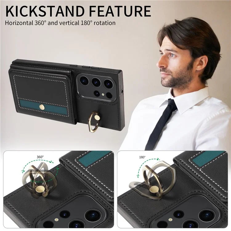 007 For Samsung Galaxy S23 Ultra Case Card Holder Leather Splicing Phone Cover with Detachable Lanyard