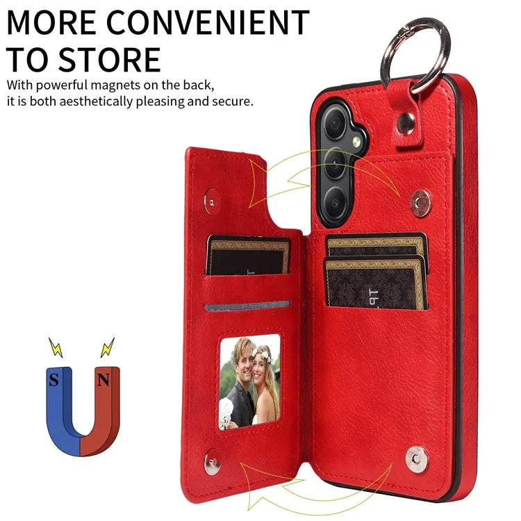 003 For Samsung Galaxy A34 5G Case Card Holder Kickstand Leather Back Cover Ring Buckle