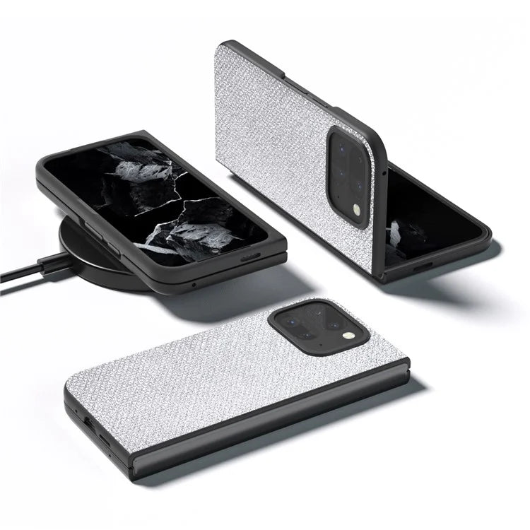 For Google Pixel 9 Pro Fold 5G Case PU+PC Phone Cover Rhinestone Texture