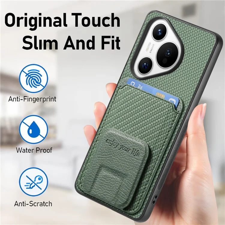 C1-11 for Huawei Pura 70 Case Kickstand Carbon Fiber Texture Leather+TPU Card Slot Phone Cover
