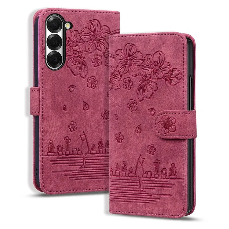 For Samsung Galaxy Z Fold6 5G Case Leather + PC Phone Cover Cherry Blossom Cat Pattern