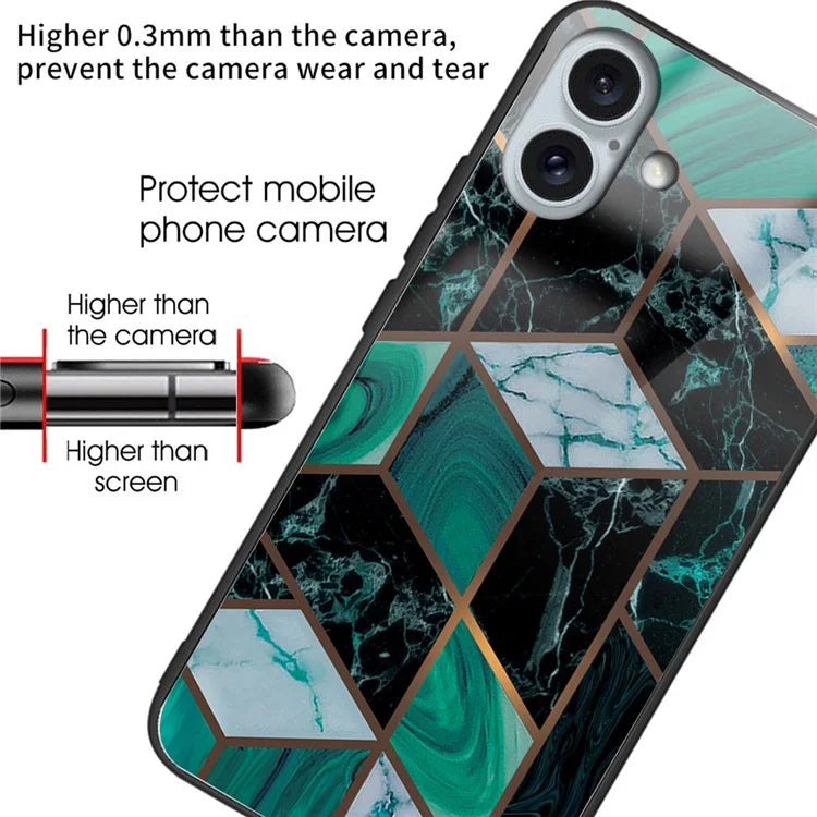 For iPhone 16 Plus Case Marble Pattern Tempered Glass+TPU Phone Cover