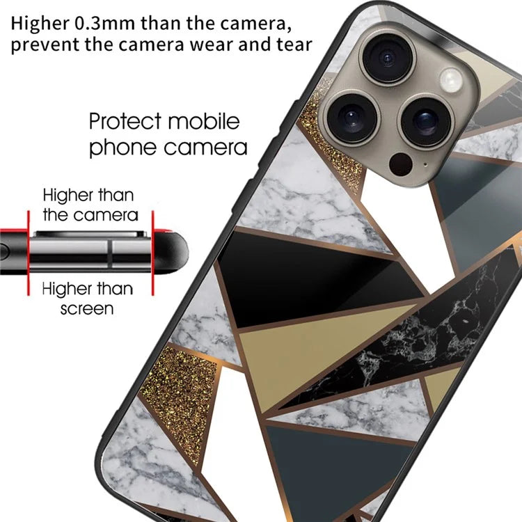 For iPhone 16 Pro Max Case Marble Pattern Tempered Glass+TPU Shockproof Phone Cover