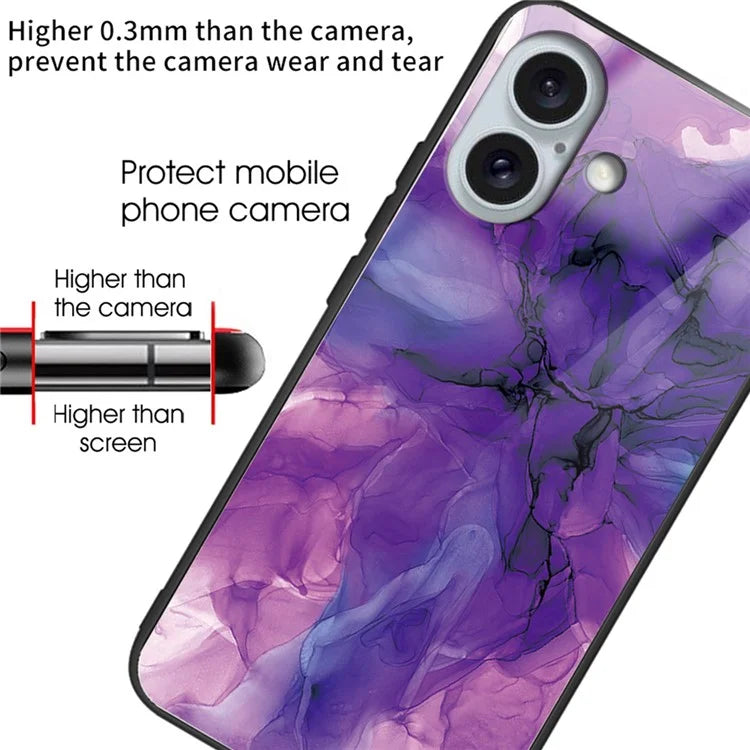 For iPhone 16 Plus Case Artistic Marble Pattern Anti-Drop Tempered Glass Phone Cover