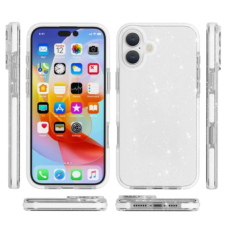 For iPhone 16 Plus Case Clear Glitter PC+TPU+TPE Anti-Scratch Phone Cover