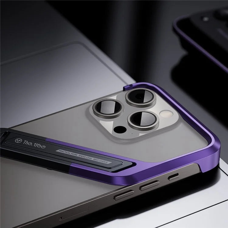 For iPhone 15 Pro Max Bumper Case Kickstand S-Shaped Frameless Aluminium Alloy Phone Cover