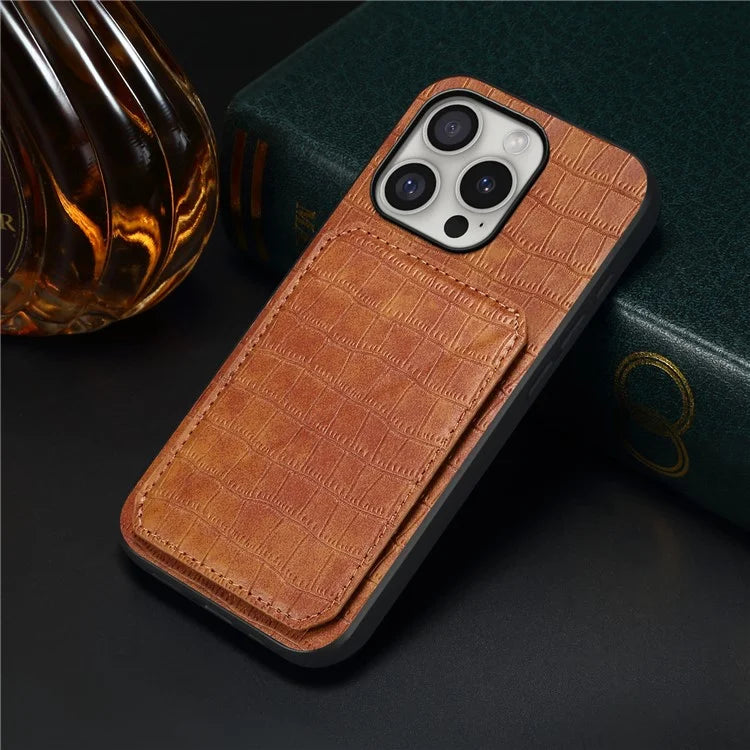 D03 Style For iPhone 16 Pro Case Crocodile Texture PU+PC+TPU Phone Cover with Kickstand, Card Slot
