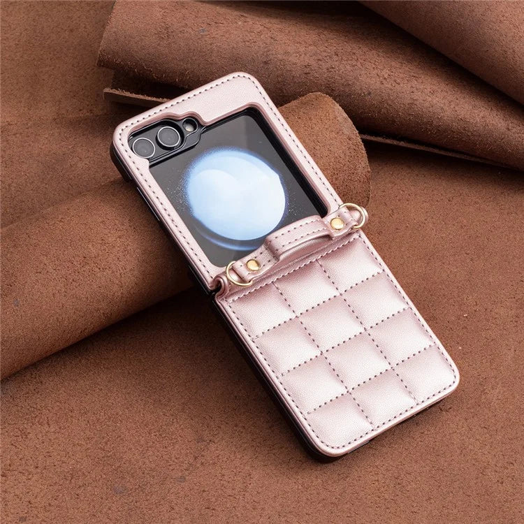 For Samsung Galaxy Z Flip6 5G / Z Flip5 5G Phone Case Square Grid Leather Cover with Shoulder Strap