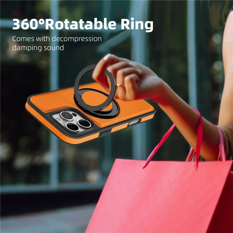 For iPhone 16 Pro Magnetic Case Rotate Ring Kickstand PU Leather+PC+TPU Back Cover
