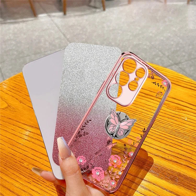 For Samsung Galaxy S24 Ultra Case Butterfly Kickstand TPU Glitter Phone Cover Flower Pattern