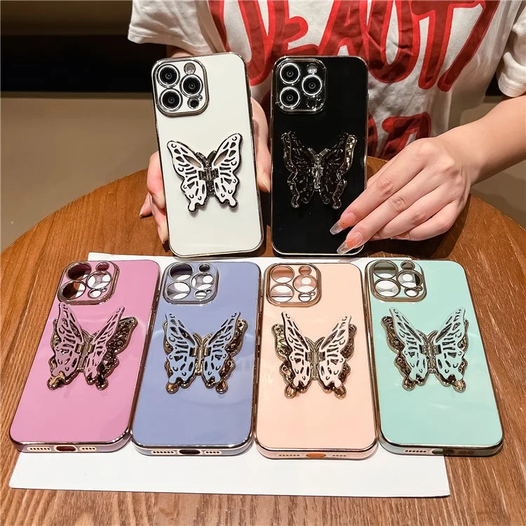 For iPhone 15 Pro Case Butterfly Kickstand TPU Electroplating Phone Cover