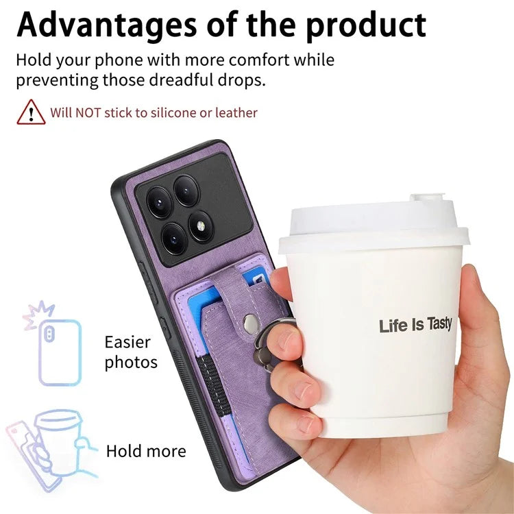 D2 For Xiaomi Poco F6 Pro 5G Retro Case Ring Holder Kickstand Leather+TPU Non-Slip Protective Cover Card Slots
