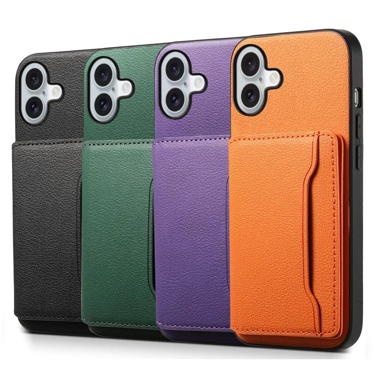 For iPhone 16 Plus Case Card Holder Kickstand Leather Coated PC+TPU Phone Cover