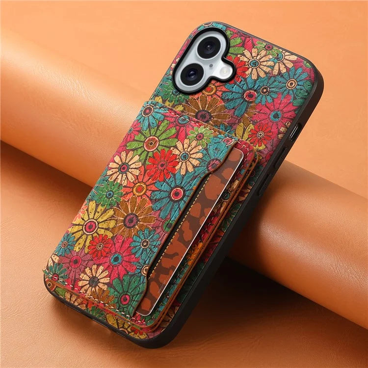 For iPhone 16 Plus Case Flower Print Leather+PC+TPU Cover with Card Holder Kickstand