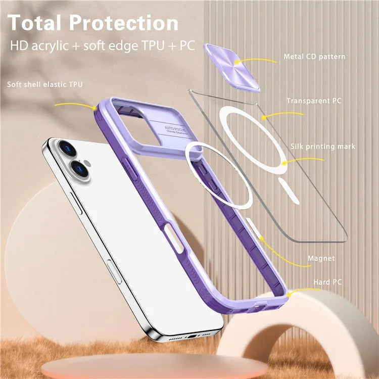For iPhone 16 Clear Phone Case Compatible with MagSafe PC Cover with Camera Lens Slider