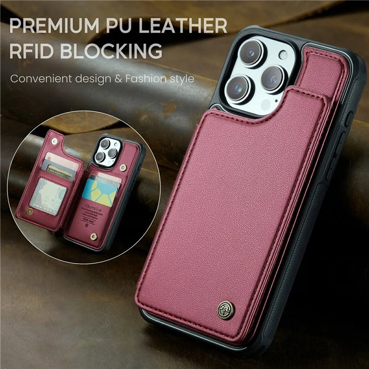 CASEME C22 Series For iPhone 16 Pro Max Case Leather+TPU Cover RFID Blocking 5 Card Slots