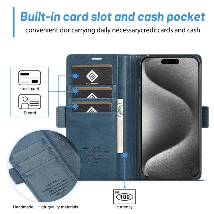 LC.IMEEKE For iPhone 16 Pro Max Leather Case Imprint Lines Phone Cover Wallet Stand