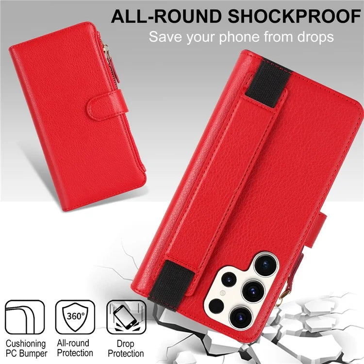 XL-001 For Samsung Galaxy S23 Ultra Case Zipper Pocket Wristband Stand Leather Phone Cover
