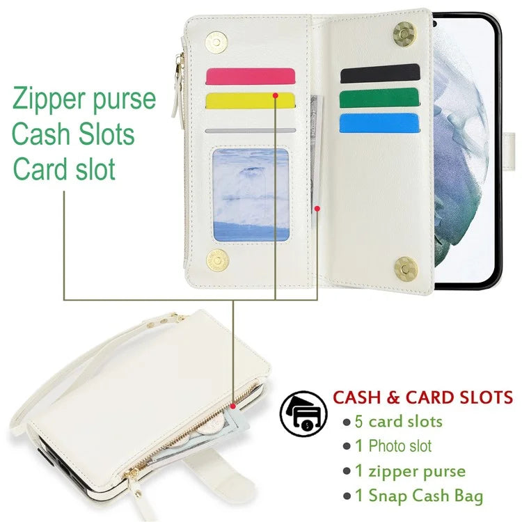 XL-001 For Samsung Galaxy S23 Case Zipper Pocket Wristband Stand Leather Phone Cover