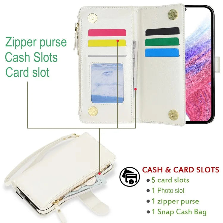 XL-001 For Samsung Galaxy A15 4G / 5G Case Zipper Pocket Wristband Stand Leather Phone Cover