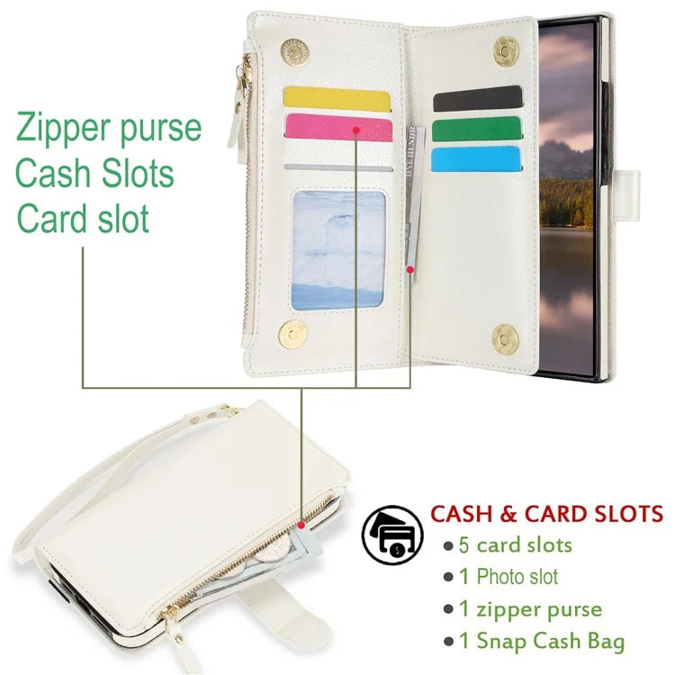 XL-001 For Samsung Galaxy S24 Ultra Case Zipper Pocket Wristband Stand Leather Phone Cover